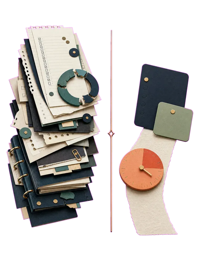 A messy pile of planners next to one simple watch-like tool