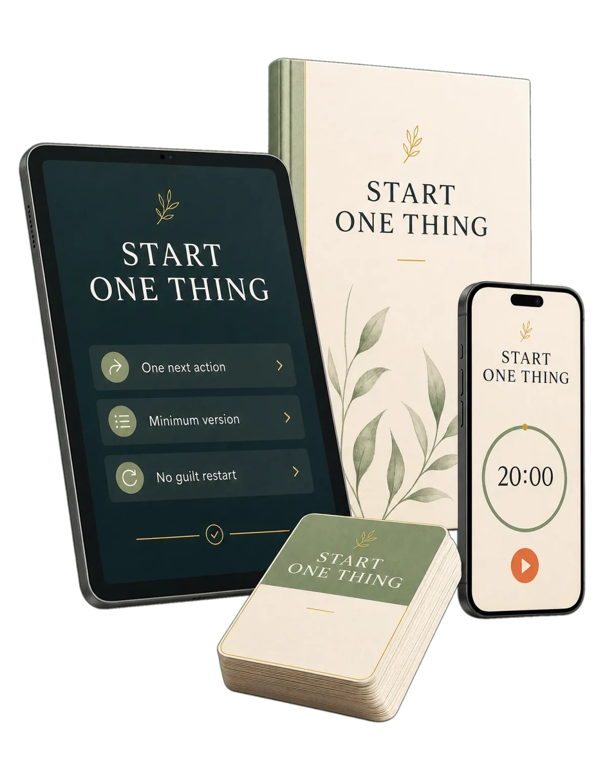 Start One Thing kit: a tablet, a book, cards, and a 20-minute timer